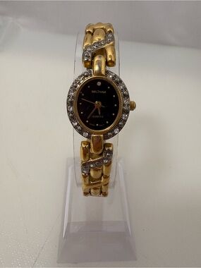 Waltham Women's Gold-Tone Crystal Accent Bracelet Watch — Black Dial